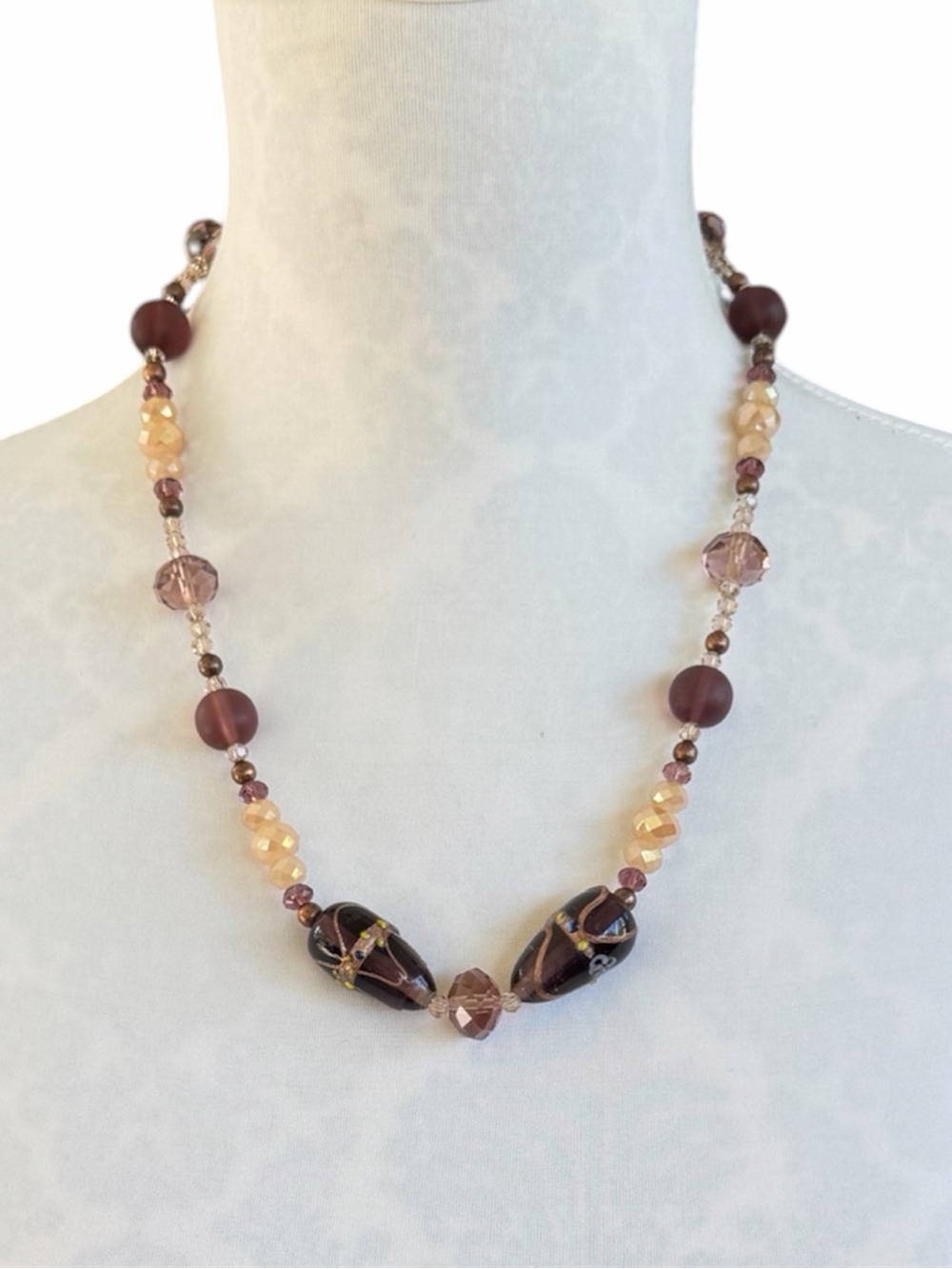 Artisan Lampwork Glass Bead Necklace & Matching Bracelet Set – Purple & Cream